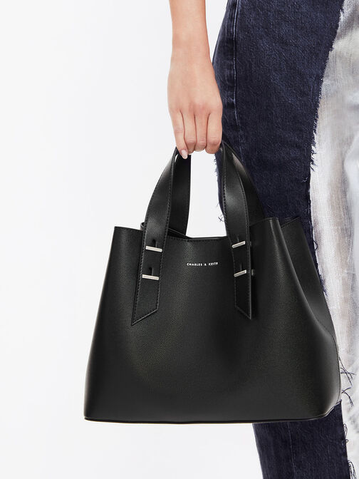 Double Handle Hobo Bag, Black, hi-res