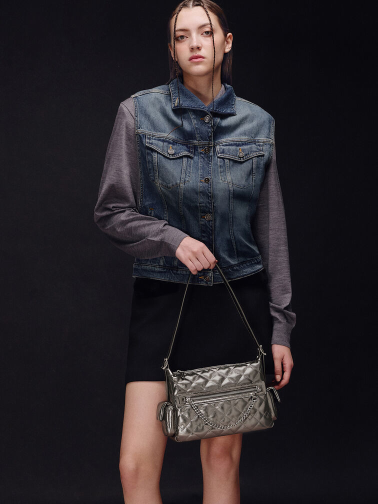 Duo Metallic Quilted Shoulder Bag, Pewter, hi-res