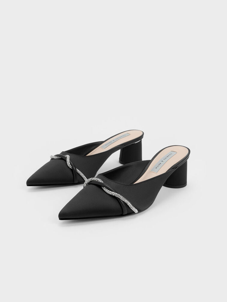 Twist Detail Satin Mules, Black, hi-res