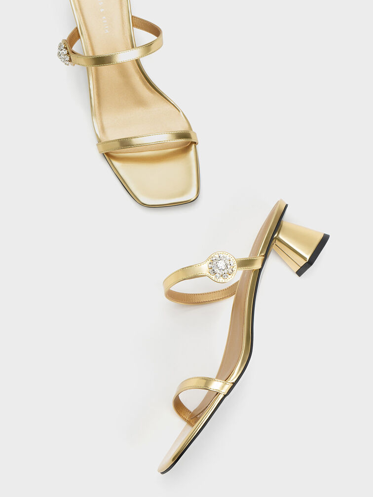 Gem Embellished Metallic Trapeze Heel Mules, Gold, hi-res