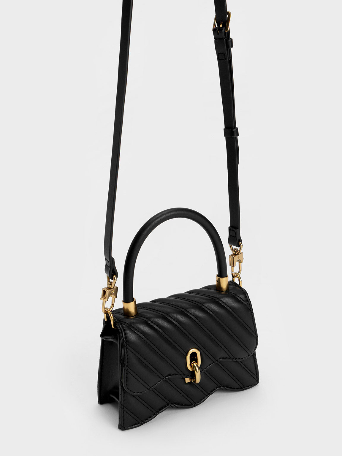 Freja Wavy Quilted Top Handle Bag, Black, hi-res