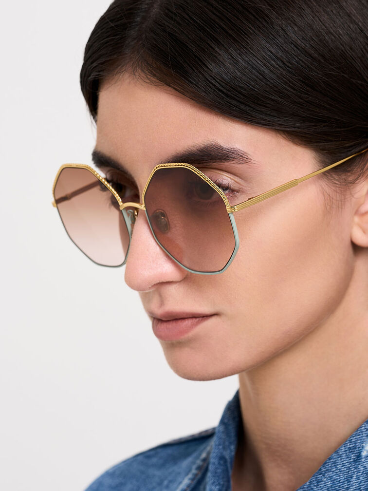 Hexagonal Wire-Frame Sunglasses, Mint Green, hi-res