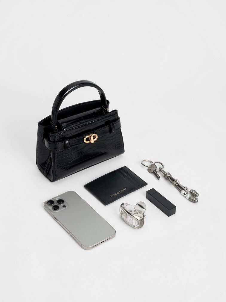 Aubrielle Croc-Effect Top Handle Bag, Black, hi-res