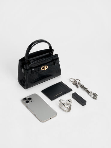 Aubrielle Croc-Effect Top Handle Bag, Black, hi-res