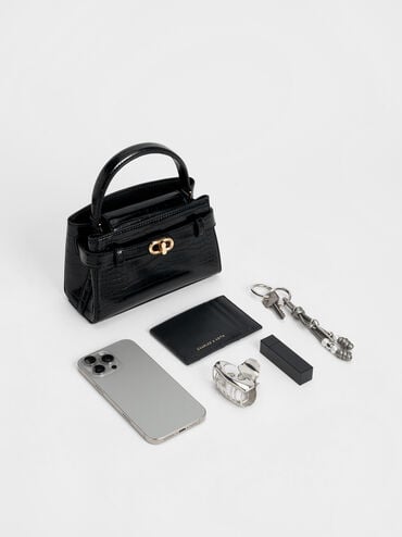 Aubrielle Croc-Effect Top Handle Bag, Black, hi-res