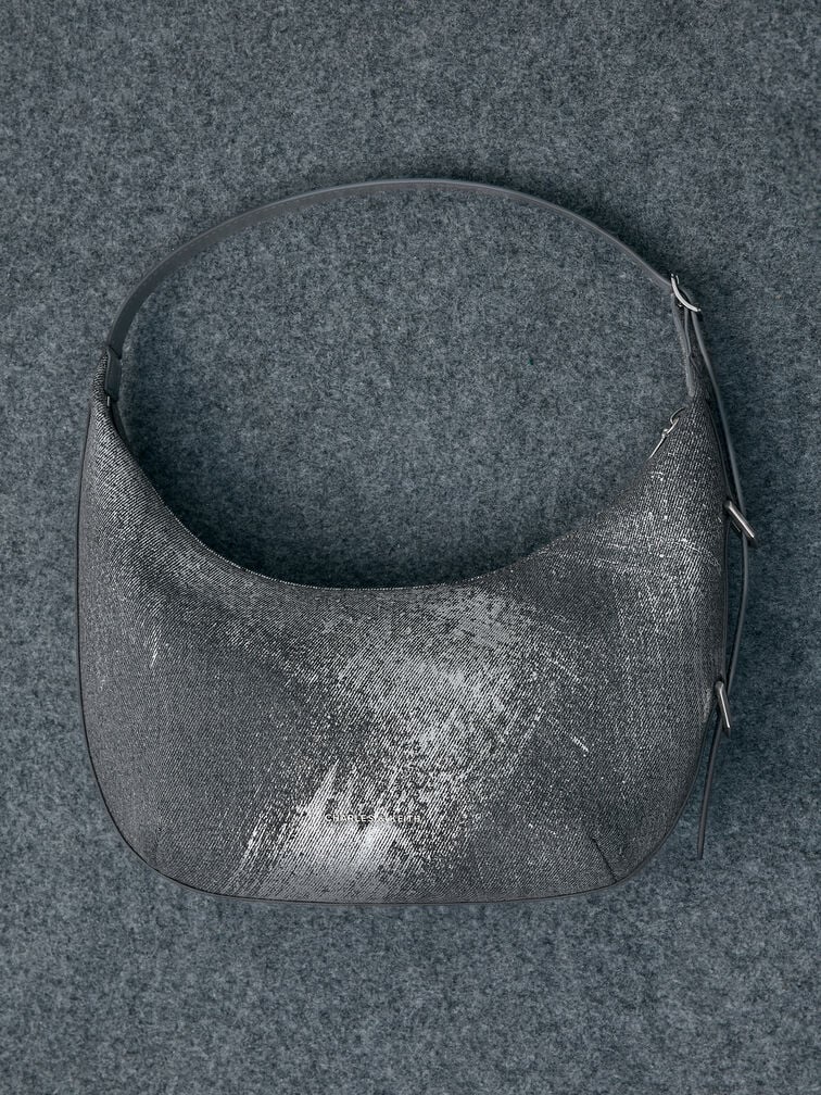 Bryna Denim Curved Hobo Bag, Silver Brushed Denim, hi-res