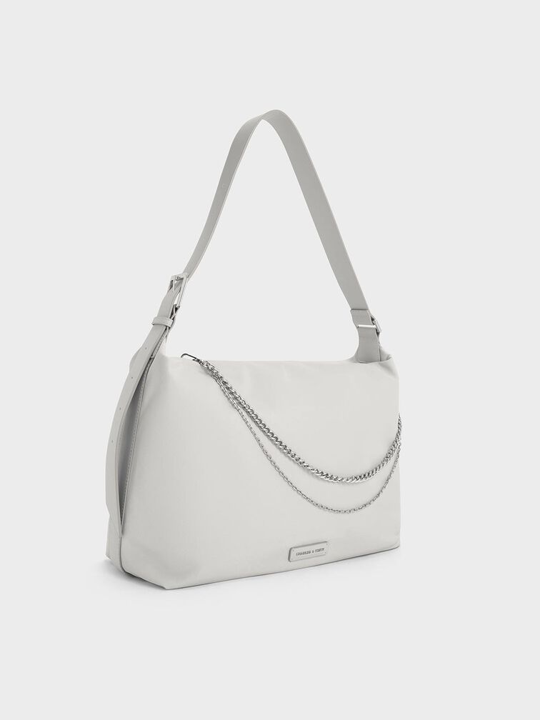 Nylon Chain-Link Slouchy Shoulder Bag, Light Grey, hi-res