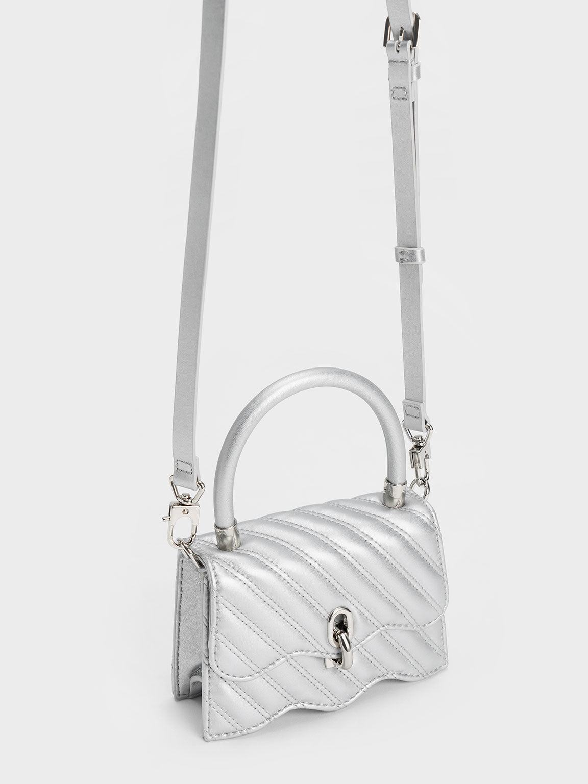 Freja Wavy Quilted Top Handle Bag, Silver, hi-res