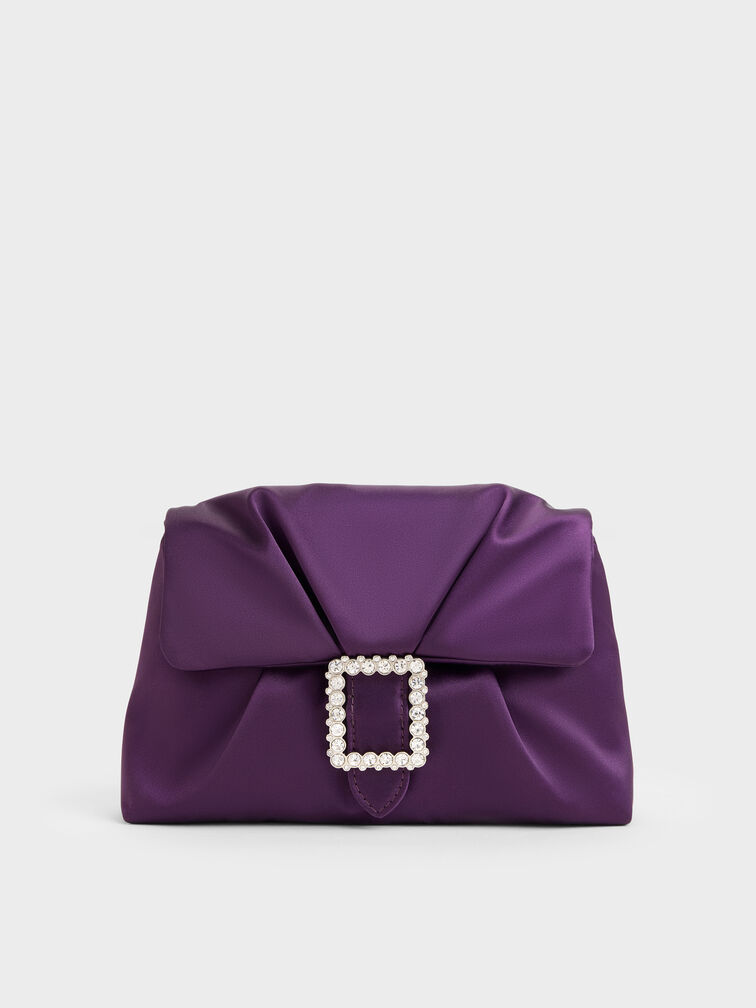 Judie Satin Crystal-Buckle Ruched Clutch Bag, Night Violet, hi-res