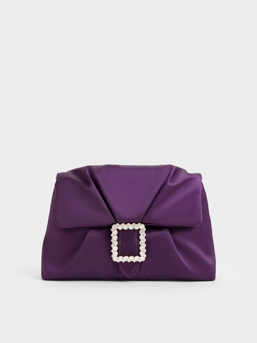 Judie Satin Crystal-Buckle Ruched Clutch Bag, Night Violet, hi-res