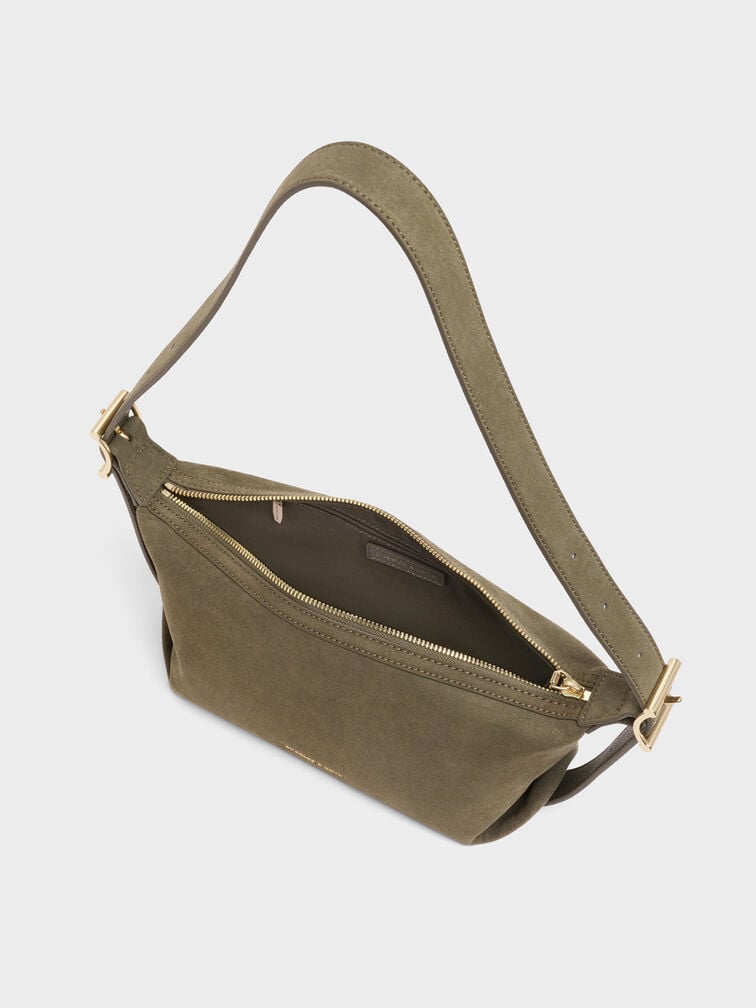 Larsen Recycled Suede Buckle-Strap Slouchy Shoulder Bag, Deep Olive, hi-res