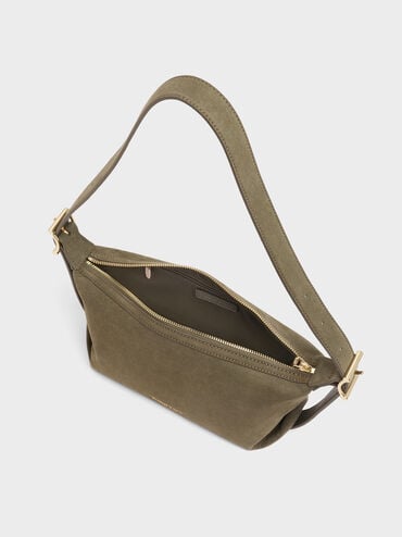 Larsen Recycled Suede Buckle-Strap Slouchy Shoulder Bag, Deep Olive, hi-res