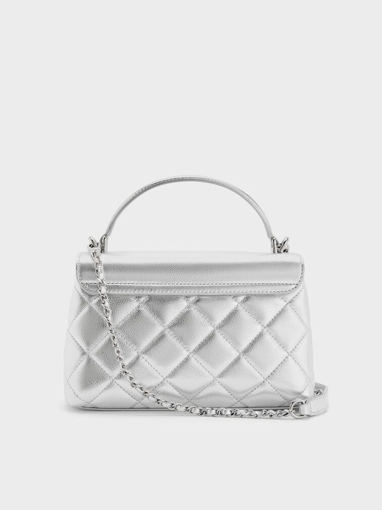 Alva Metallic Quilted Top Handle Bag, Silver, hi-res