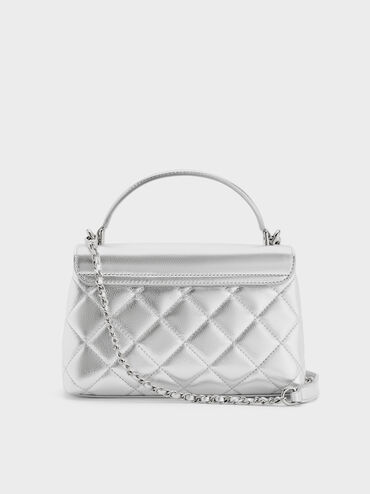 Alva Metallic Quilted Top Handle Bag, Silver, hi-res