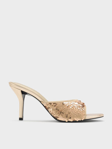 Sequinned Stiletto-Heel Mules, Gold, hi-res