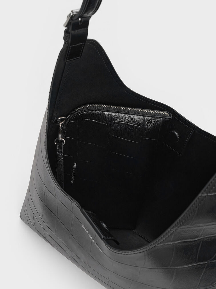 Liv Croc-Effect Hobo Bag, Noir, hi-res