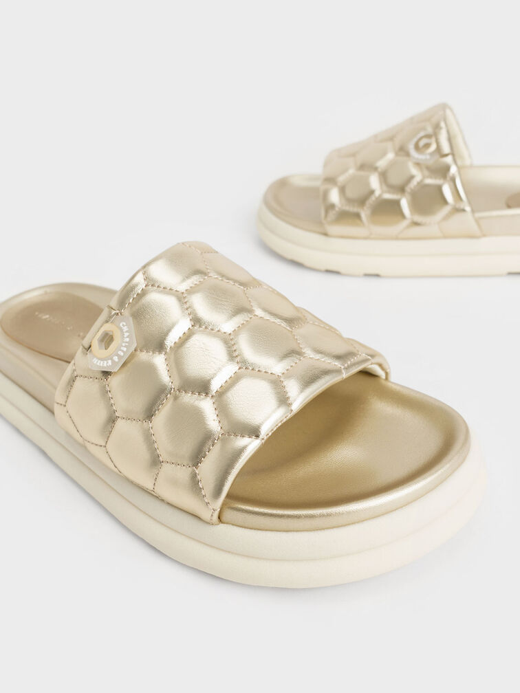 Metallic Textured Flatform Sliders, Gold, hi-res