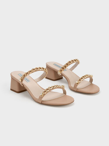 Chain-Link Block Heel Sandals, Nude, hi-res