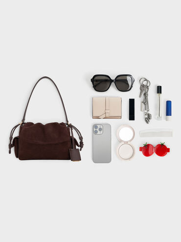 Khai Recycled Suede Ruched-Flap Side-Pocket Top Handle Bag, Espresso Brown, hi-res