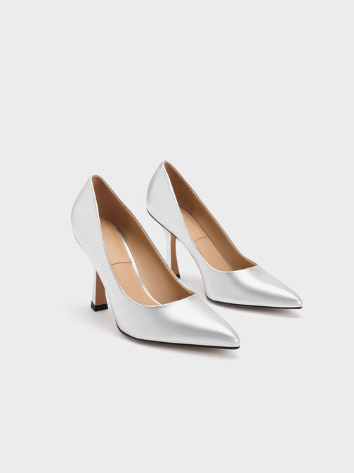 Metallic Leather Flared Heel Pumps, Silver, hi-res