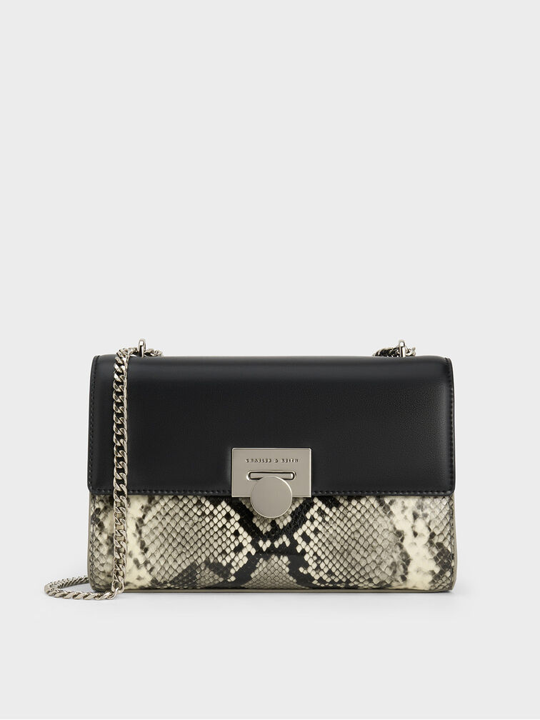 Nhicdns Women's Snake Print Crossbody Bag - Luxury Chain Strap Square Clutch Shoulder Bag In White
