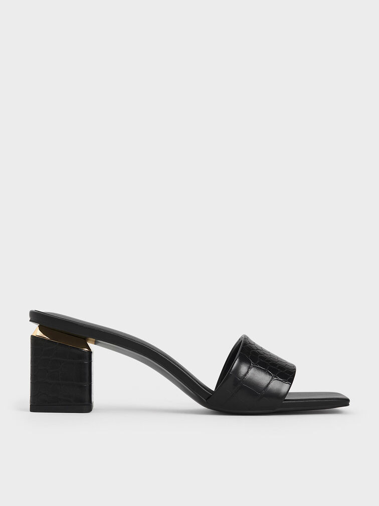 Croc-Effect Square Block Heel Mules, Animal Print Black, hi-res