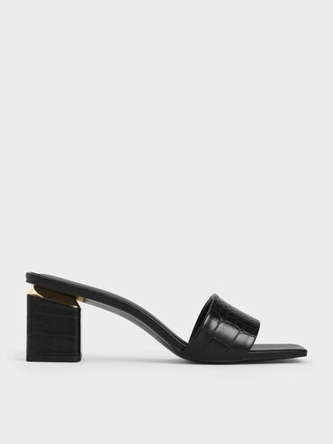 Croc-Effect Square Block Heel Mules, Animal Print Black, hi-res