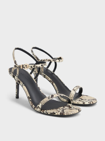 Snake-Print Ankle-Strap Heeled Sandals, Animal Print Natural, hi-res
