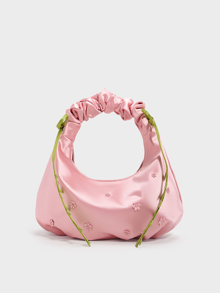 Mabel Satin Floral-Vine Hobo Bag, Pink, hi-res