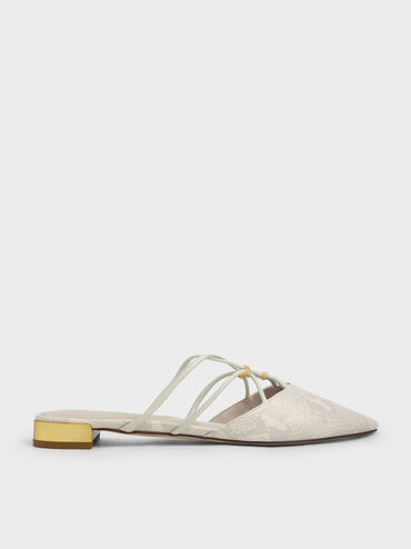 Snake-Print Strappy Flat Mules, Animal Print White, hi-res