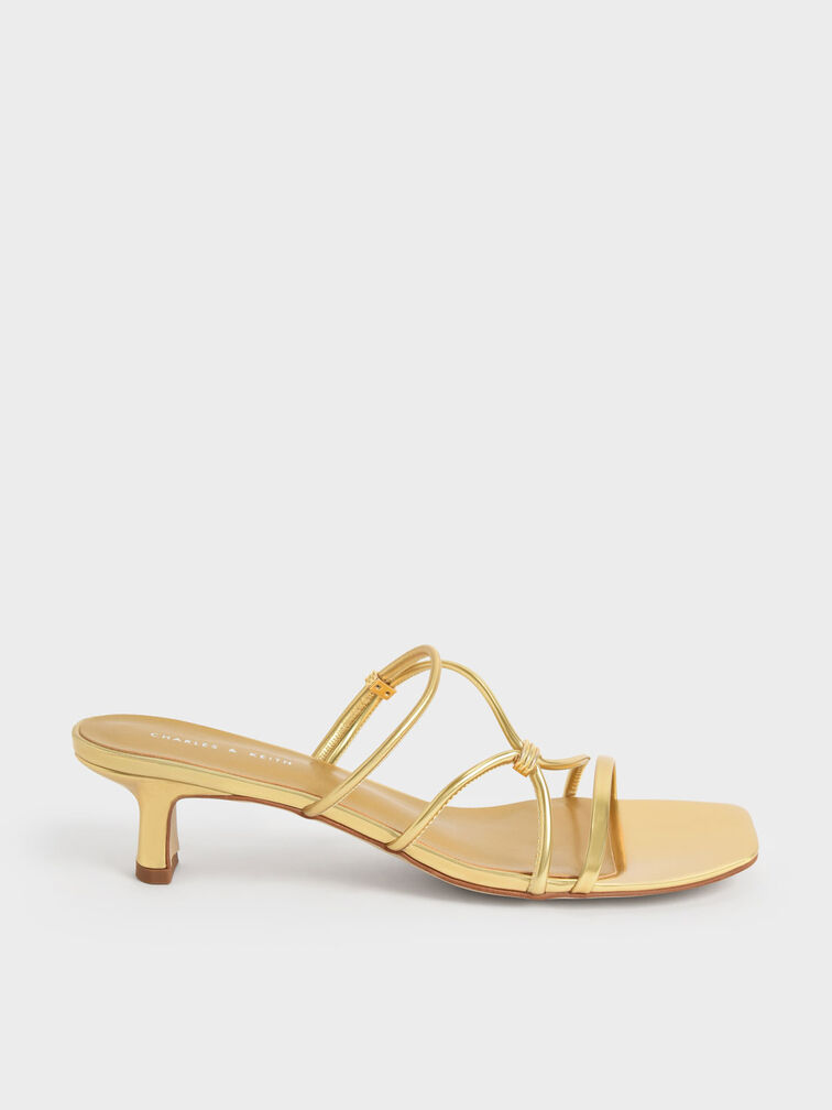 Metallic-Accent Strappy Mules, Gold, hi-res