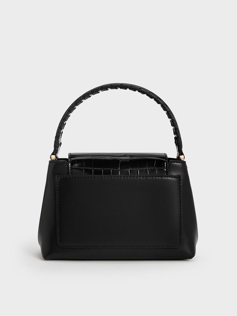 Arwen Croc-Effect Braided-Strap Top Handle Bag, Black, hi-res