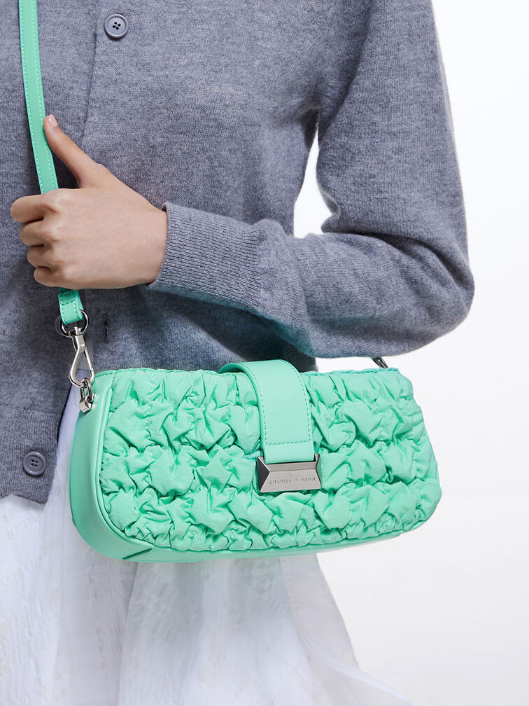 Ruched Nylon Chain Handle Bag, Mint Green, hi-res