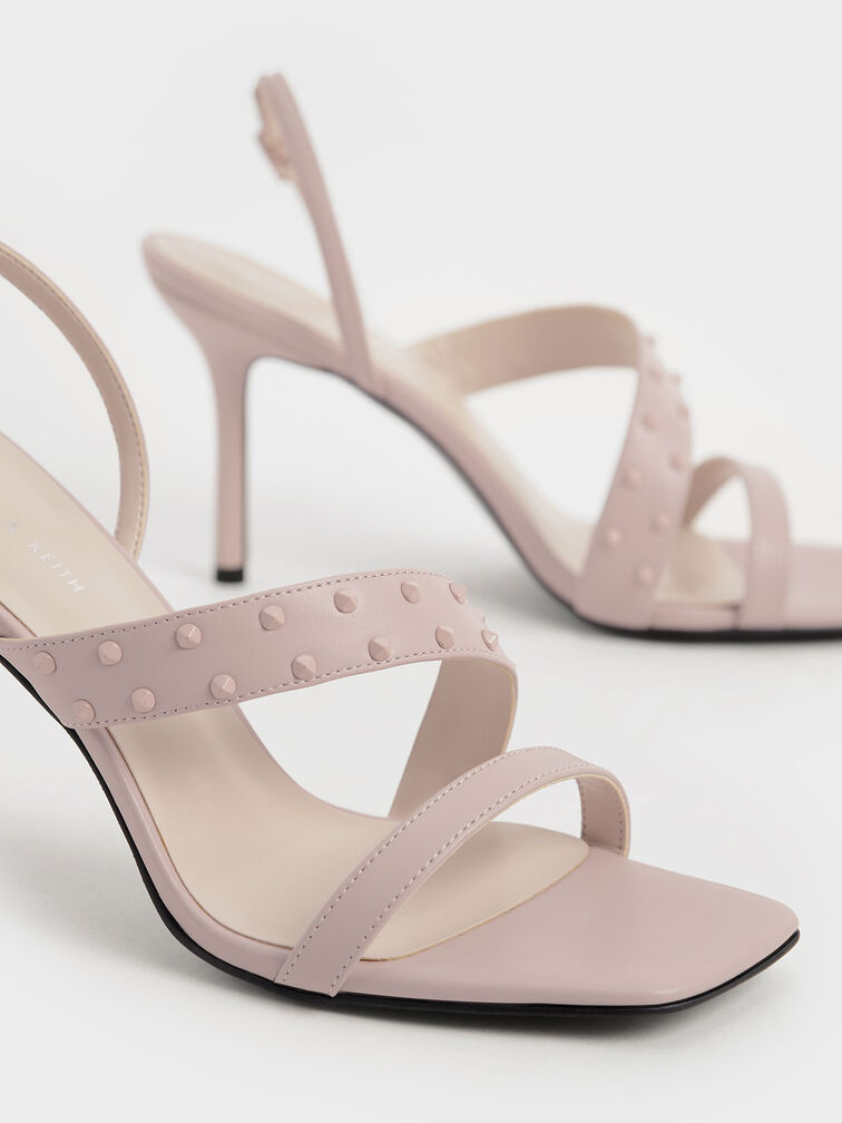 Studded Asymmetric Strap Stiletto Sandals, Light Pink, hi-res
