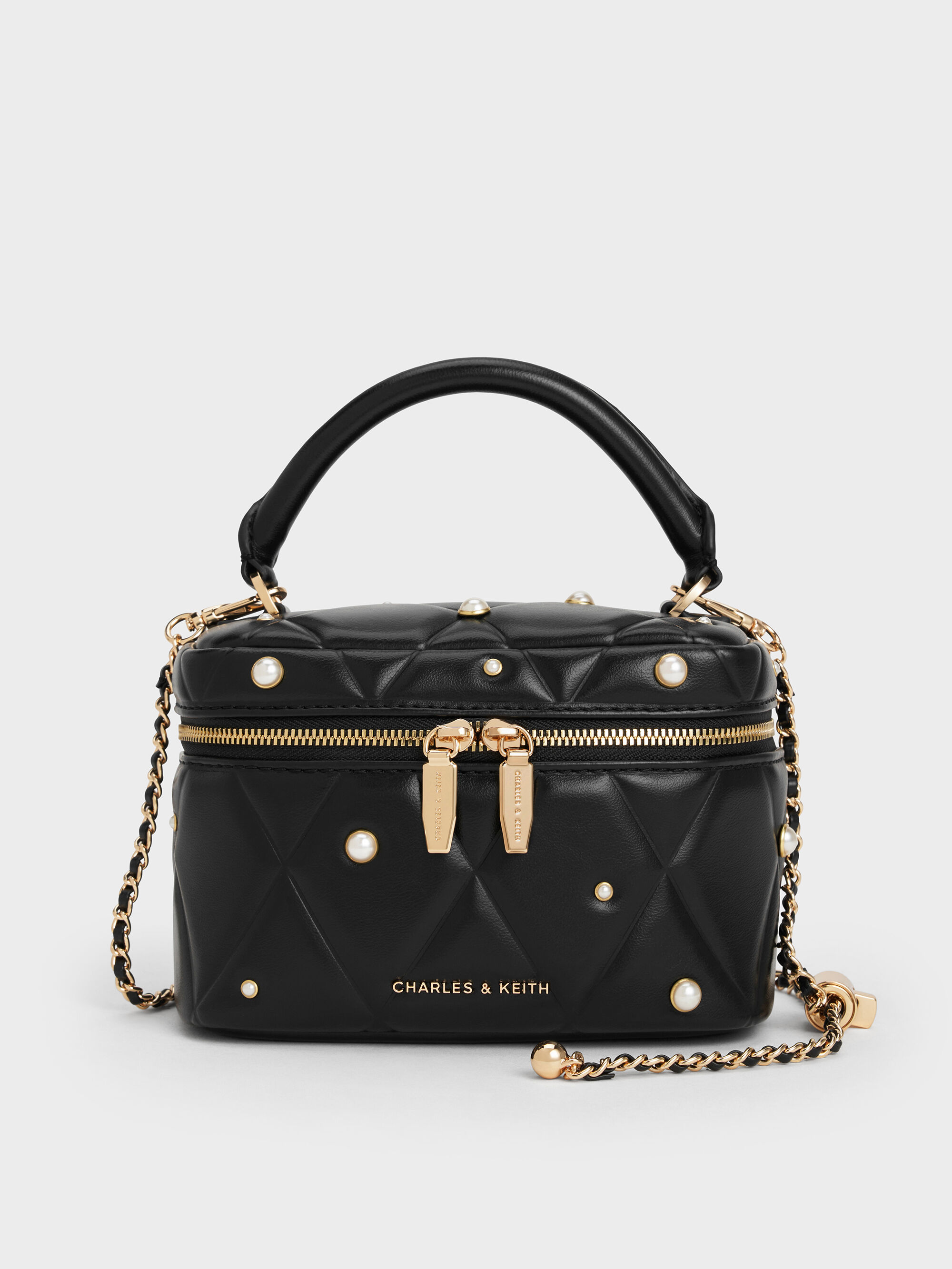Black Arwen Quilted Pearl-Embellished Top Handle Vanity Bag