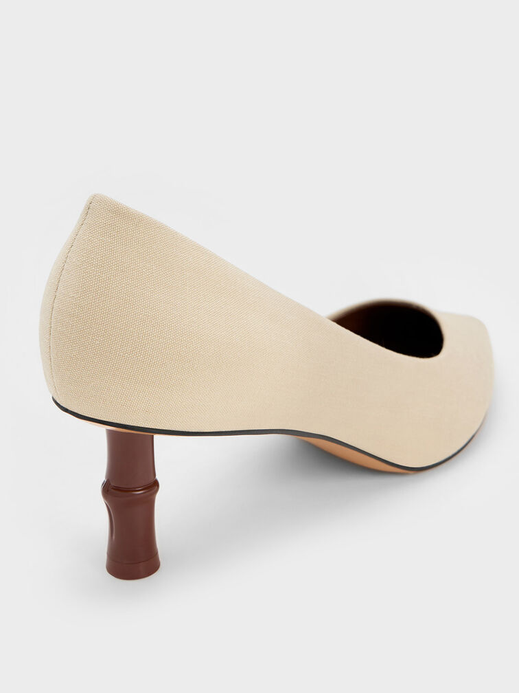 Bamboo Heel Pointed-Toe Pumps, Beige, hi-res