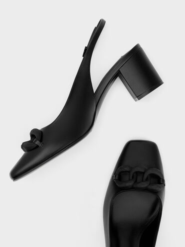 Chunky Chain-Link Slingback Pumps, Black, hi-res