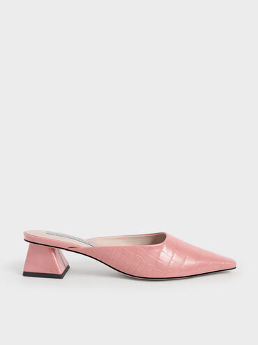 Croc-Embossed Trapeze Heel Mules, Animal Print Pink, hi-res