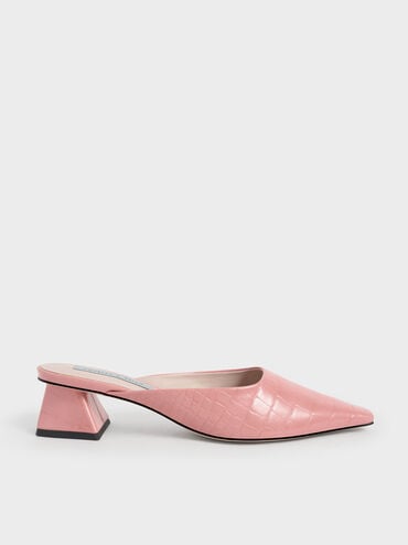 Croc-Embossed Trapeze Heel Mules, Animal Print Pink, hi-res