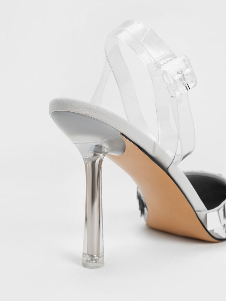 Sequinned Satin Ankle-Strap Pumps, Silver, hi-res