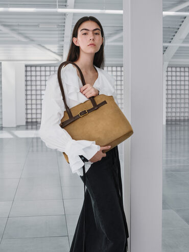 Victoria Recycled Suede Belted Trapeze Tote Bag, Sahara Sand, hi-res