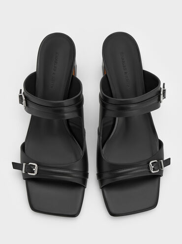 Buckled Double-Strap Heeled Mules, Black, hi-res