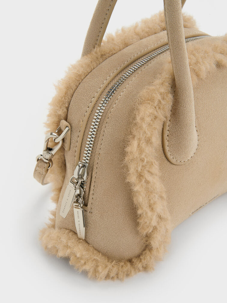 Nelly Recycled Suede & Faux Shearling Bowling Bag, Nutmeg Beige, hi-res
