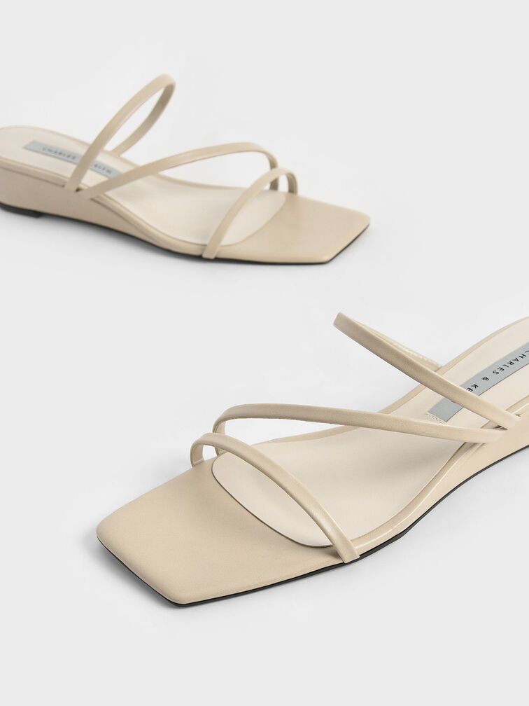 Strappy Wedge Mules, Beige, hi-res