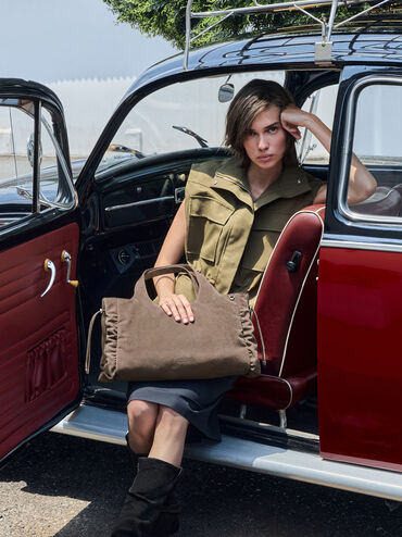 Large Quinby Ruched Tote Bag, Stone Grey, hi-res