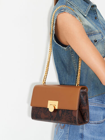 Snake Print Metallic Accent Clutch, Chocolate, hi-res