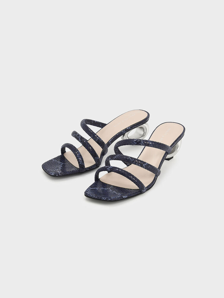 Sculptural Heel Snake Print Tubular Mules, Animal Print Blue, hi-res