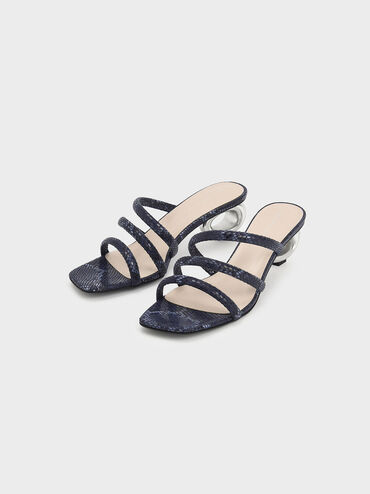 Sculptural Heel Snake Print Tubular Mules, Animal Print Blue, hi-res