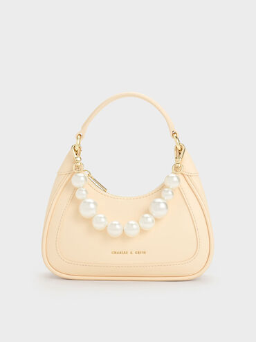 Beaded Handle Hobo Bag, Beige, hi-res