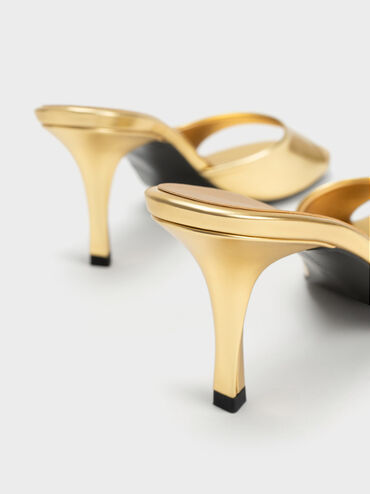 Metallic Round-Toe Sculptural Heel Mules, Gold, hi-res